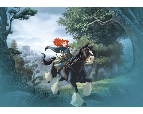 Fototapete Vlies IADX8-002 Into Adventure Merida Riding 8-tlg. 400 x 280 cm Illustration von Merida auf einem Pferd in einem Wald