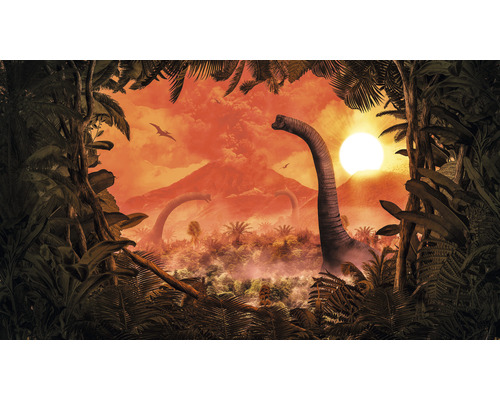 Fototapete Vlies IAX10-0021 Into Adventure Brachiosaurus Panorama 10-tlg. 500 x 280 cm Szene mit Dinosauriern, Vulkan und tropischer Vegetation