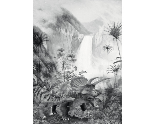 Fototapete Vlies IAX4-0020 Into Adventure Jurassic Waterfall 4-tlg. 200 x 280 cm Schwarzweißes Landschaftsbild mit Dinosauriern, Wasserfall und Palmen