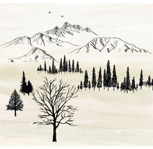 Illustration einer Landschaft mit Bergen und Bäumen