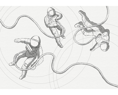 Fototapete Vlies IAX8-0015 Into Adventure Extraordinary Astronauts 8-tlg. 400 x 280 cm Illustration von drei Astronauten mit Kabeln im Weltraum