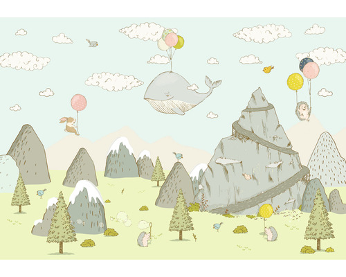 Fototapete Vlies IAX8-0028 Into Adventure Mountain Traveler 8-tlg. 400 x 280 cm Illustration einer Landschaft mit Bergen, Tieren und Ballons