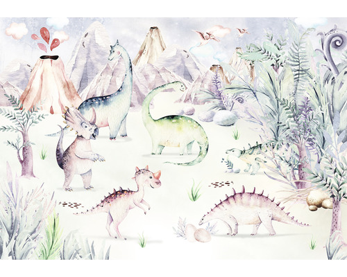 Fototapete Vlies IAX8-0037 Into Adventure Dino Playground 8-tlg. 400 x 280 cm Illustration einer Dinosaurierlandschaft mit Vulkanen und verschiedenen Dinosaurierarten