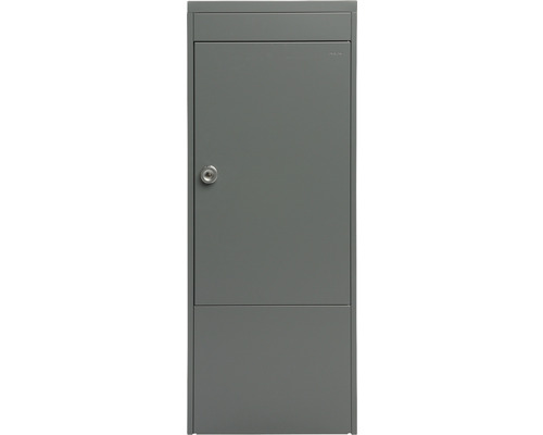 Grauer Briefkasten mit Schloss