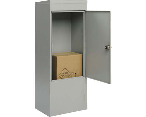 Paketbox aus Metall mit geöffneter Tür und Karton