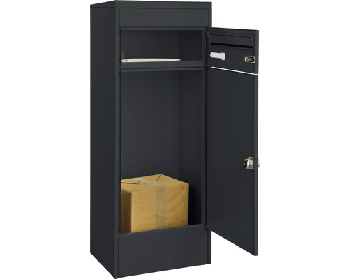 Freistehender Paketbriefkasten mit geöffneter Tür und Paket