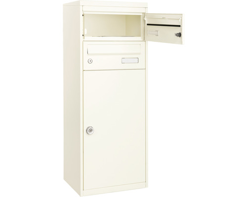 Freistehender Briefkasten mit Zeitungsfach und Entnahmetür geöffnet.