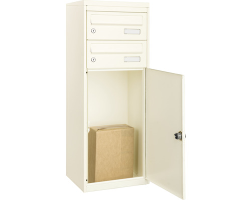 Paketbriefkasten mit zwei Fächern und einem Paketkasten, der einen Karton enthält