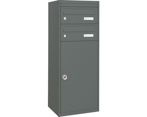 MEFA Paketbriefkasten Stahl pulverbeschichtet BxHxT 410/1025/325 mm Mana 482 Basaltgrau RAL 7012 semimatt Entnahme vorne 3-fach mit 2 Namensschildern Briefkastenanlage mit zwei Fächern und abschließbarem Entnahmefach