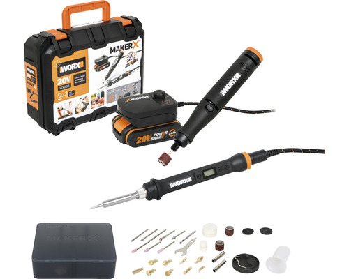 WORX MakerX - Doppel Set WX988 bestehend aus Lötkolben WX744, Multifunktionswerkzeug WX739.9 inkl. HubX Akku-Adapter WA7161 20V und Akku (2.0Ah)-0