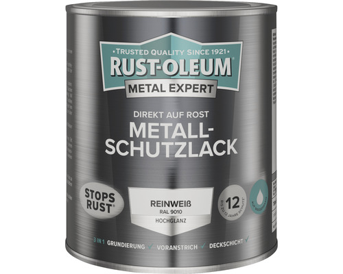 RUST OLEUM METAL EXPERT Metallschutzlack Hochglänzend Wasserbasiert RAL9010 weiß 750 ml
