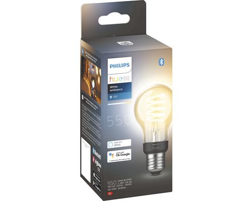 Philips Hue White Ambiance Lampe E27, 550 Lumen in Produktverpackung