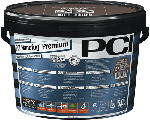 PCI Nanofug Premium flexibler Fugenmörtel für Fliesen und Natursteine in einem Eimer.