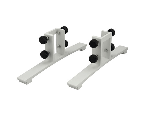 Zwei weiße Tischbeinhalter mit schwarzen Drehknöpfen zur Befestigung