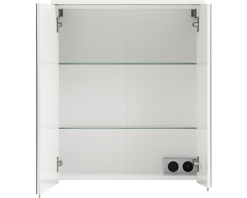 Offener Badezimmerspiegelschrank mit Glasablagen und Steckdosen