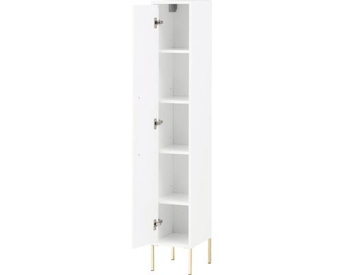 Weißer Badschrank mit offener Tür und goldenen Füßen