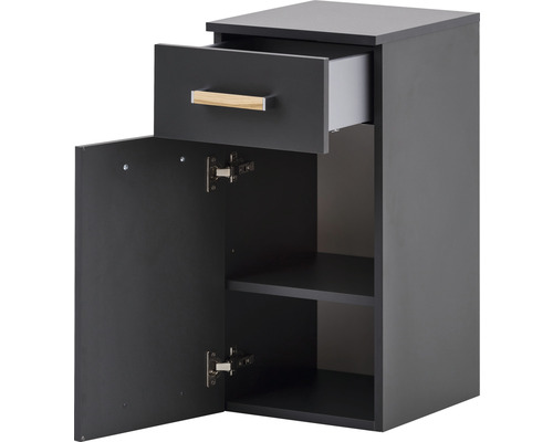 Badezimmerschrank mit einer Schublade und einer offenen Tür zu den Regalen