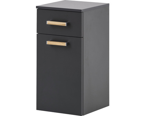 Dunkelgrauer Badezimmer-Unterschrank mit zwei Schubladen und Holzgriffen