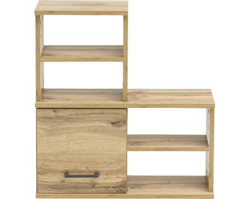 Holzregal mit Tür und mehreren offenen Fächern