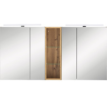 Spiegelschrank mit offenem Holzregal und Beleuchtung