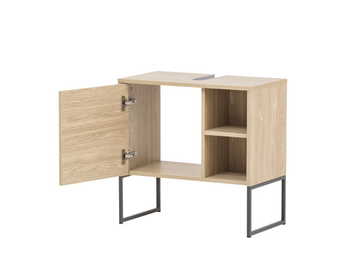Waschtischunterschrank aus Holz mit Tür und Ablagefächern auf Metallbeinen