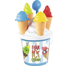 Eimer mit Eiscreme-Förmchen und Schaufel für den Sandkasten