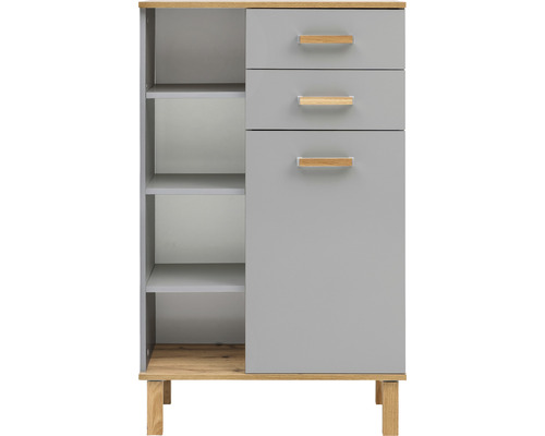 Grauer Beistellschrank mit drei Schubladen und offenem Regal