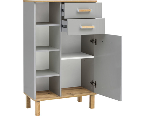 Grauer Mehrzweckschrank mit Schubladen, Regalfächern und einer Tür