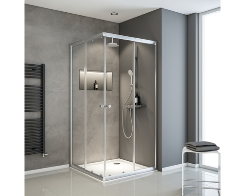 Eckeinstieg SCHULTE Sunny 75 - 90 cm Profilfarbe silber Klarglas D19442 169 50 Eckdusche mit Schiebetüren, Duschkopf und Handbrause in einem Badezimmer