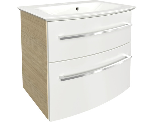 Badmöbel-Set FACKELMANN B.Style 63,2 cm Sand Eiche/weiß Waschbeckenunterschrank mit zwei Schubladen und Griffen