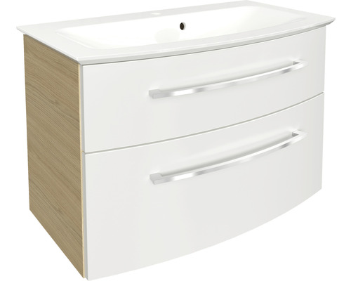 Badmöbel-Set FACKELMANN B.Style 83,2 cm Sand Eiche/weiß Waschbeckenunterschrank mit zwei Schubladen und Griffen