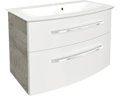 Badmöbel-Set FACKELMANN B.Style 83,2 cm Natur Oak/weiß Waschtischunterschrank mit zwei Schubladen und Waschbecken