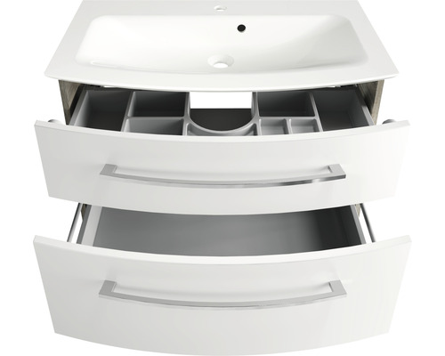 Waschtischunterschrank mit zwei offenen Schubladen und Waschbecken