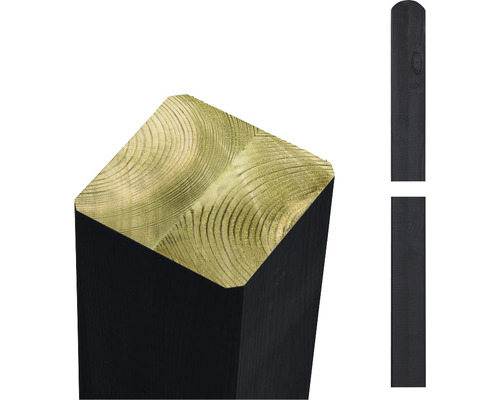 Pfosten PLUS verleimt, Kopf rund 9 x 9 x 268 cm RAL 9005 schwarz Holzpfosten, eckig, kesseldruckimprägniert