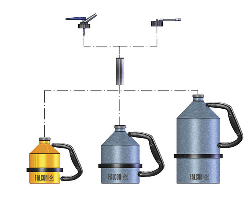 Schematische Darstellung von drei Sprühflaschen unterschiedlicher Größe mit Falcon Logo