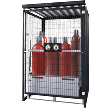 Gasflaschenschrank mit Warnschildern und Gasflaschen