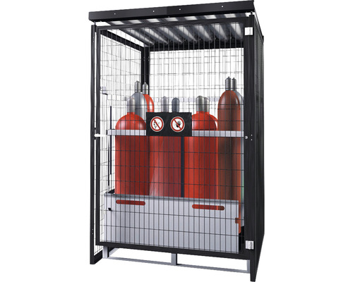 Gasflaschenschrank mit Warnschildern und Gasflaschen
