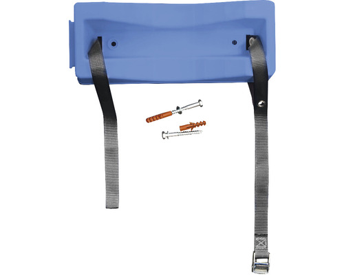 Blauer Pflanzkasten mit Befestigungsgurten und Montagematerial