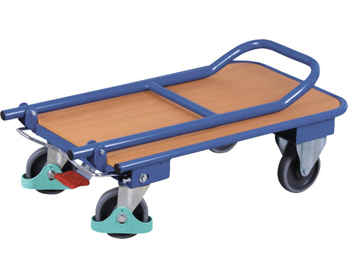 Transportwagen mit Holzplatte und blauem Stahlrahmen