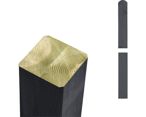 Pfosten PLUS verleimt, Kopf rund 9 x 9 x 298 cm RAL 9005 schwarz Holzpfosten mit Baumkante