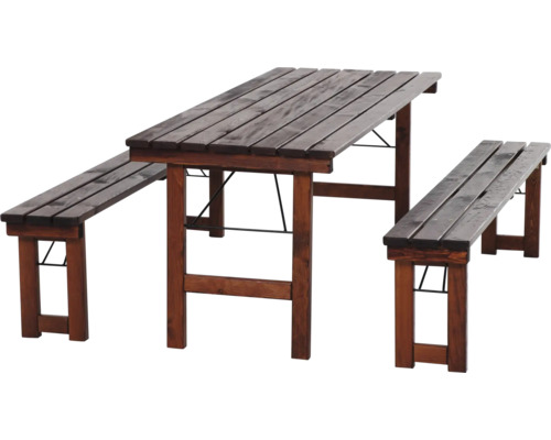 Tisch Natura Wallis Garnitur 180x70 cm, komplett zusammenklappbar, dunkelbraun laisert Biertischgarnitur mit einem Tisch und zwei Bänken aus Holz