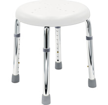 Duschhocker mit verstellbaren Beinen aus Metall und Sitzfläche aus Kunststoff