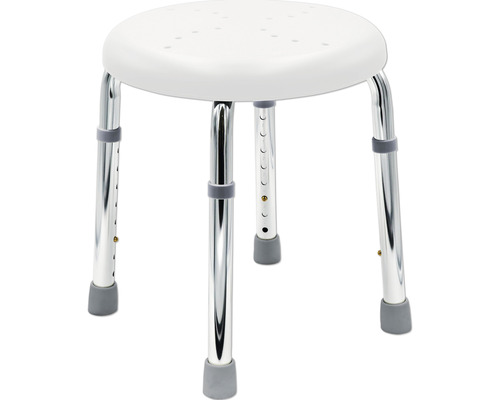 Duschhocker mit verstellbaren Beinen aus Metall und Sitzfläche aus Kunststoff