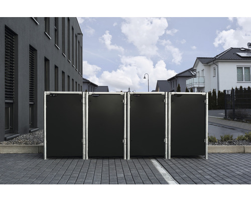 Mülltonnenbox HIDE 4-fach 240 l 278,8 x 80,7 x 115,2 cm schwarz Vier Mülltonnenboxen aus Metall stehen im Freien.
