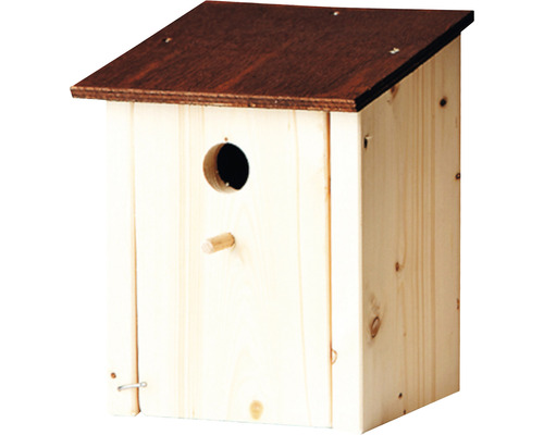 Vogelhaus aus Holz mit Einflugloch und Landeplatz