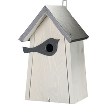 Vogelhaus aus Holz mit Vogelsymbol am Einflugloch und Metalldach