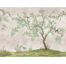 Illustration einer Landschaft mit Baum, Vögeln und Reiher