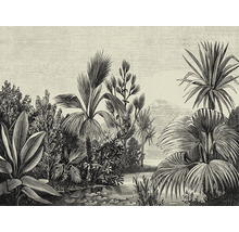 Illustration einer tropischen Landschaft mit verschiedenen Pflanzen und einem Gewässer