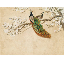 Illustration zweier Pfauen auf einem blühenden Baum