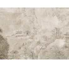 Tapete mit asiatischem Landschaftsmotiv mit Gebäuden und Bäumen